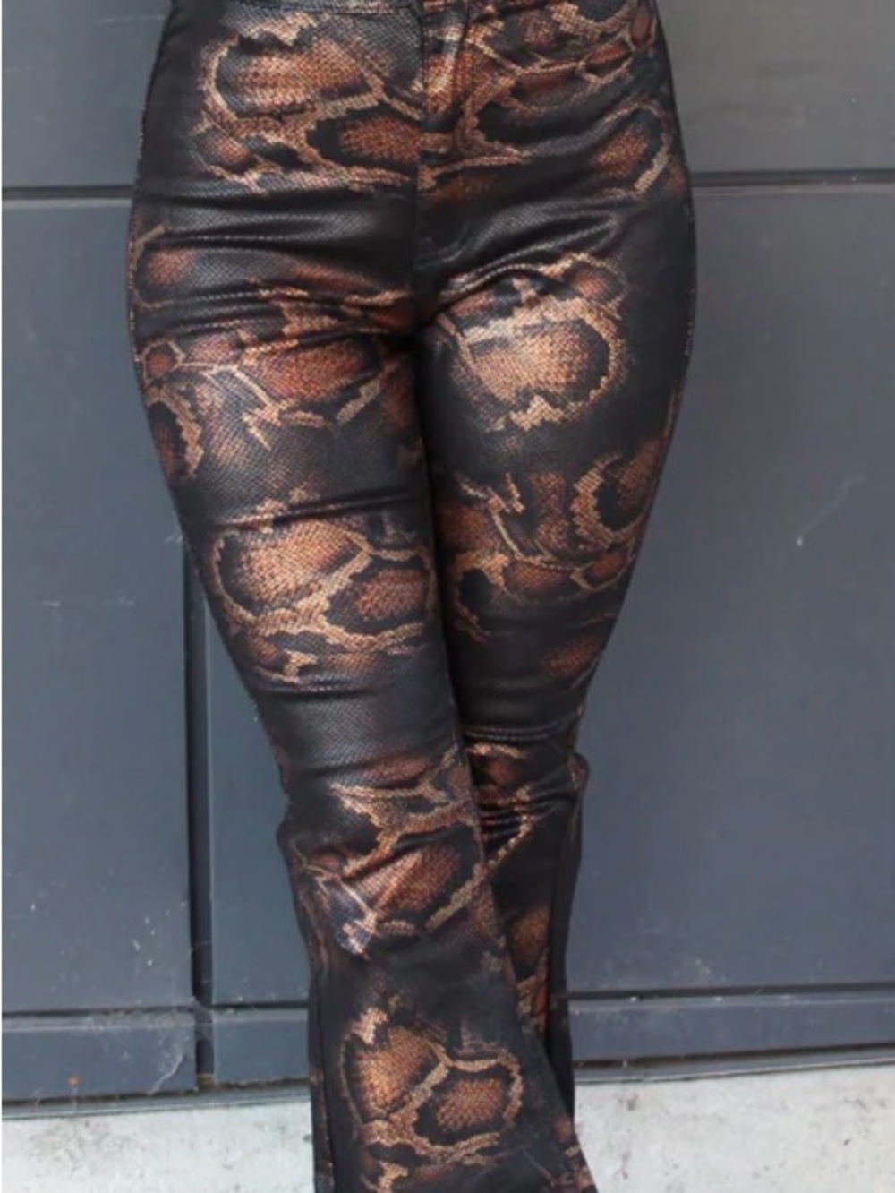 High-Waist Snake-Print Bootcut Pants in Brown